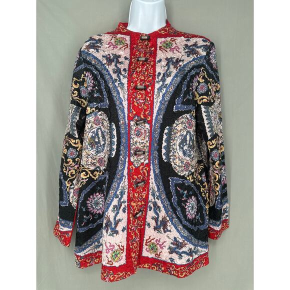 Vintage Jacket Womens Medium Red Paisley Cottage Boho Crinkle Toggle Reversible - Picture 1 of 7